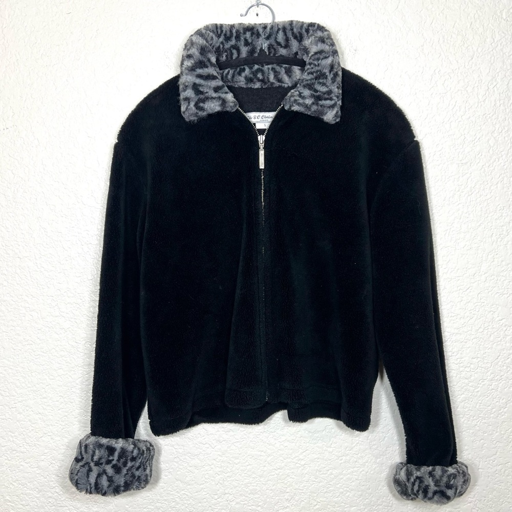 Vintage 90’s Black Fleece Zip Up Jacket Grey Leopa Print Collar and Cuffs Size S